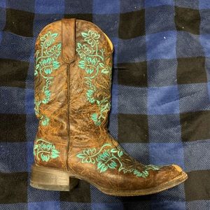 Brown and teal boots
